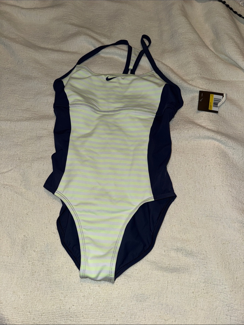 NWT Nike Navy and Light Green Striped Women’s One-Piece Swim Suit